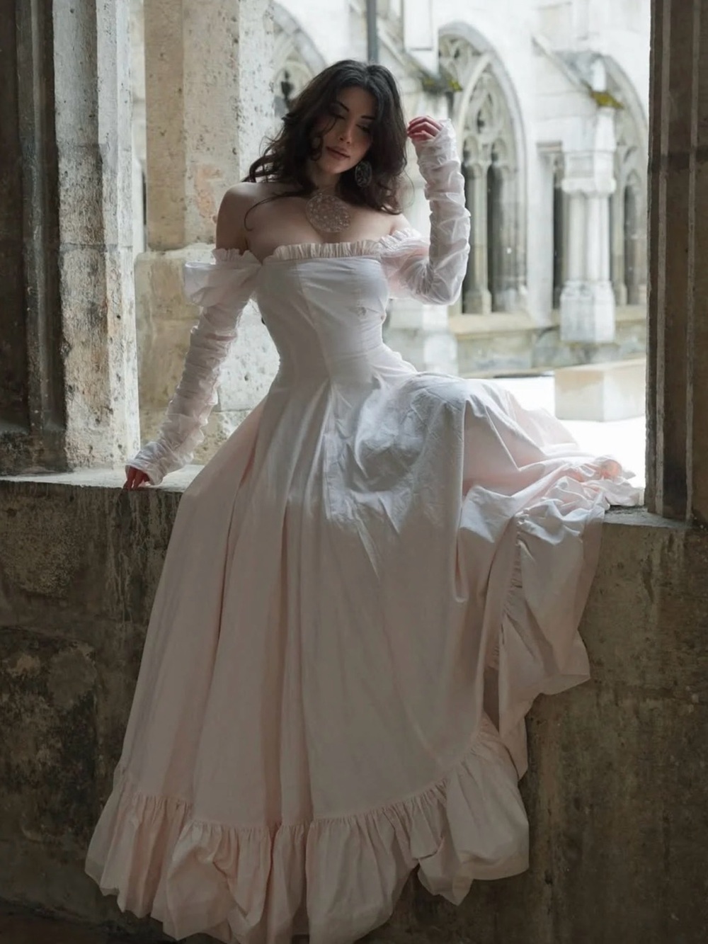 Selkie Pale Pink Off-Shoulder Ruffled Ball Gown